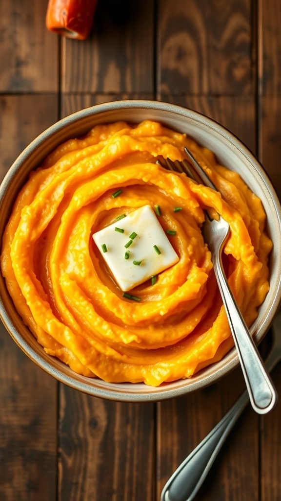 A bowl of creamy mashed yams topped with butter and chives on a rustic table.